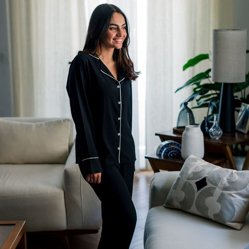 Women summer pajama set Black buttoned shirt + Pants